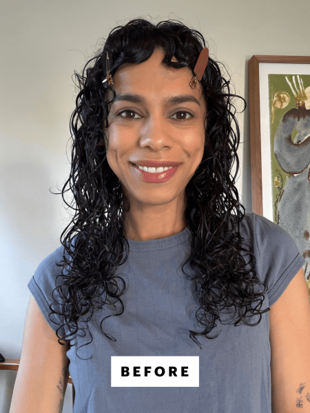 A selfie of Allure senior commerce director Shanna Shipin before using the Dyson Airwrap WaveCurl Diffuser Attachment